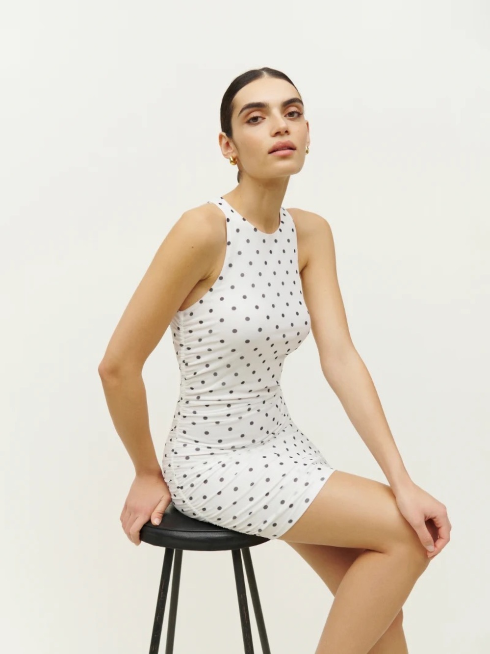 Reformation Tiel Mini White Ruched Bodycon Dress Black Polka Dot XS Coquette